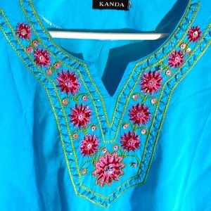 Kanda bright turquoise tunic style cotton top trimmed with pink sequins